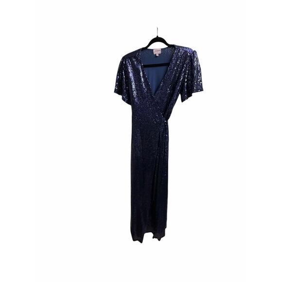 DMFashion Navy Sequin Wrap Maxi Dress Size Small Flutter Sleeve Formal Evening - Picture 11 of 16